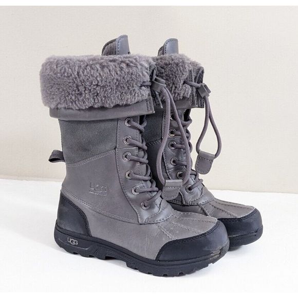 UGG Butte II Toggle Tall Gray Leather Waterproof Snow Boots US Youth Size 1 - Picture 1 of 16